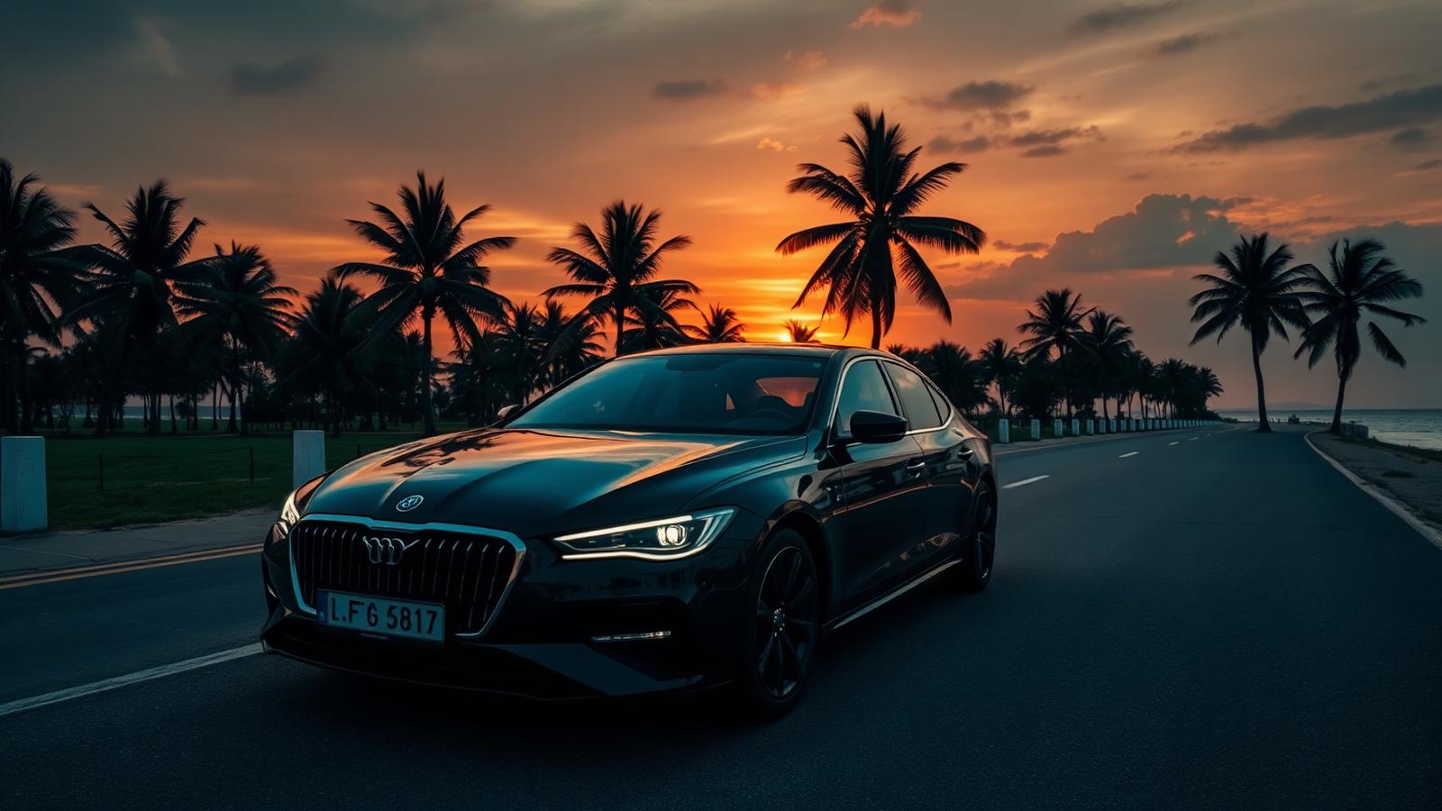 Dark saloon car on a coastal road at sunset in Mombasa